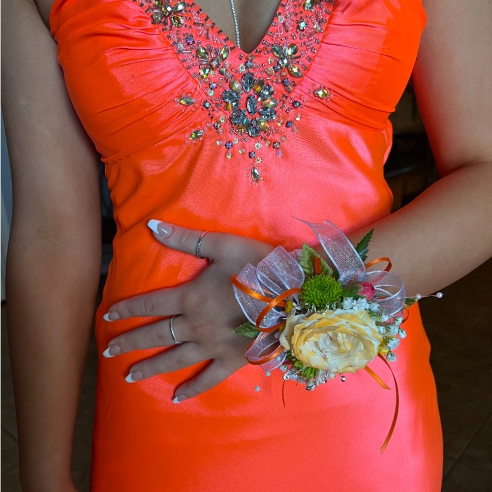 • orange beaded Masquerade prom dress •
